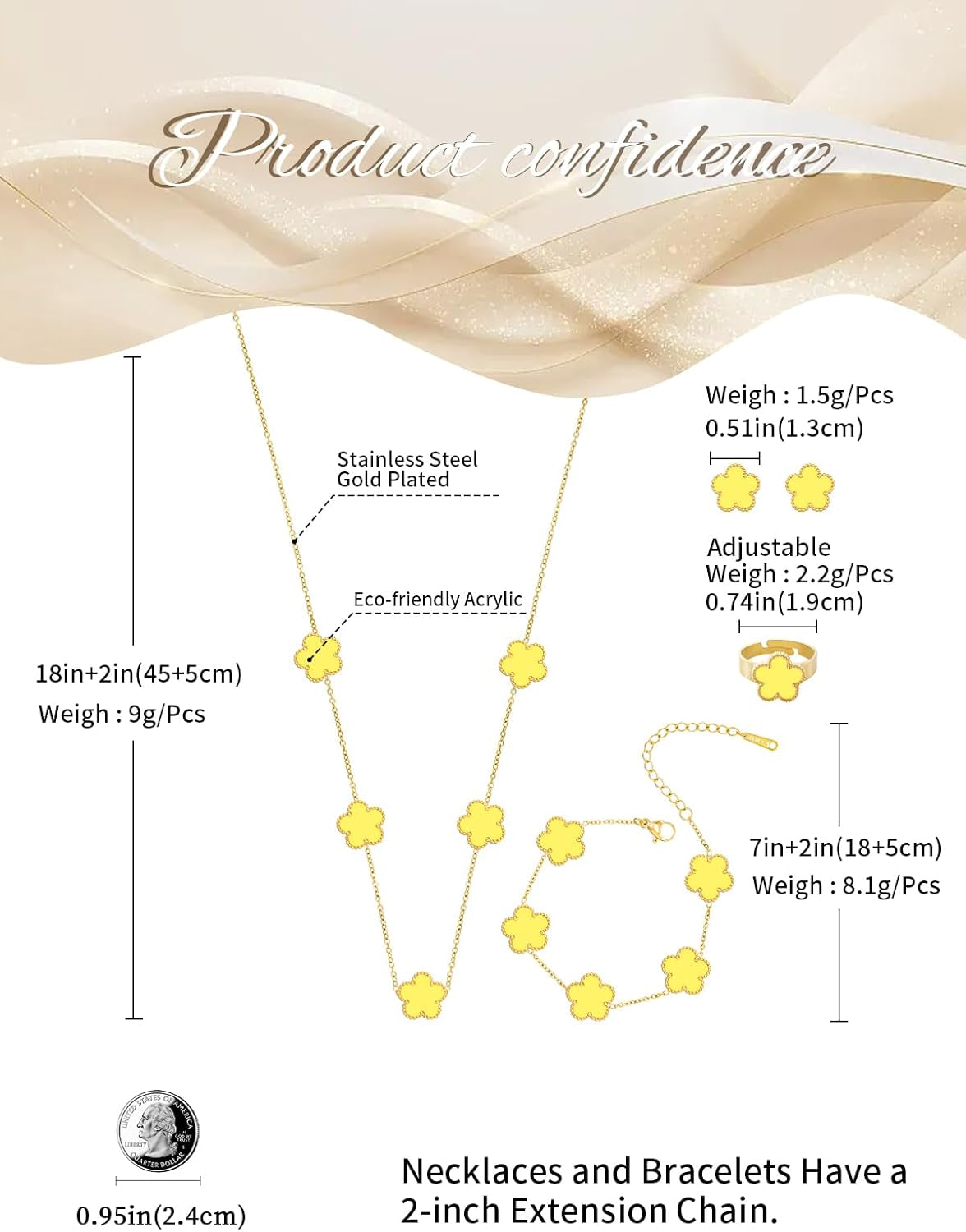 Gold Plated Stainless Steel Four Leaf Clover Bracelet Necklace Earrings and Ring Jewelry Set for Women
