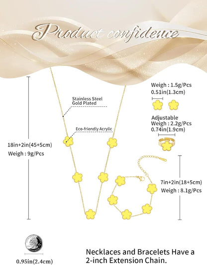 Gold Plated Stainless Steel Four Leaf Clover Bracelet Necklace Earrings and Ring Jewelry Set for Women
