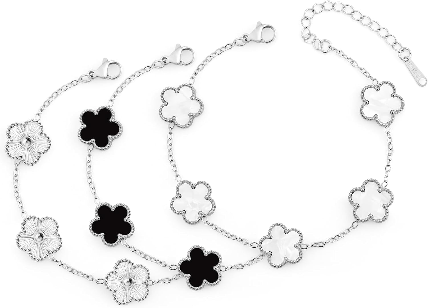 18K Silver/Gold Bracelets Set for Women (Skin-Friendly&Fade-Resistant) Four Leaf Clover Trendy Lucky Bracelet (Double Sided) Silver/Gold Jewelry Set for Women Birthdays Holidays Gifts 3Pcs