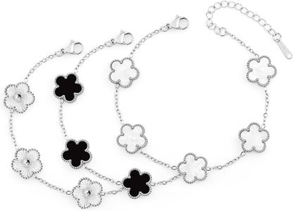 18K Silver/Gold Bracelets Set for Women (Skin-Friendly&Fade-Resistant) Four Leaf Clover Trendy Lucky Bracelet (Double Sided) Silver/Gold Jewelry Set for Women Birthdays Holidays Gifts 3Pcs