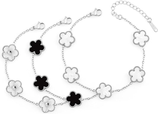 18K Silver/Gold Bracelets Set for Women (Skin-Friendly&Fade-Resistant) Four Leaf Clover Trendy Lucky Bracelet (Double Sided) Silver/Gold Jewelry Set for Women Birthdays Holidays Gifts 3Pcs