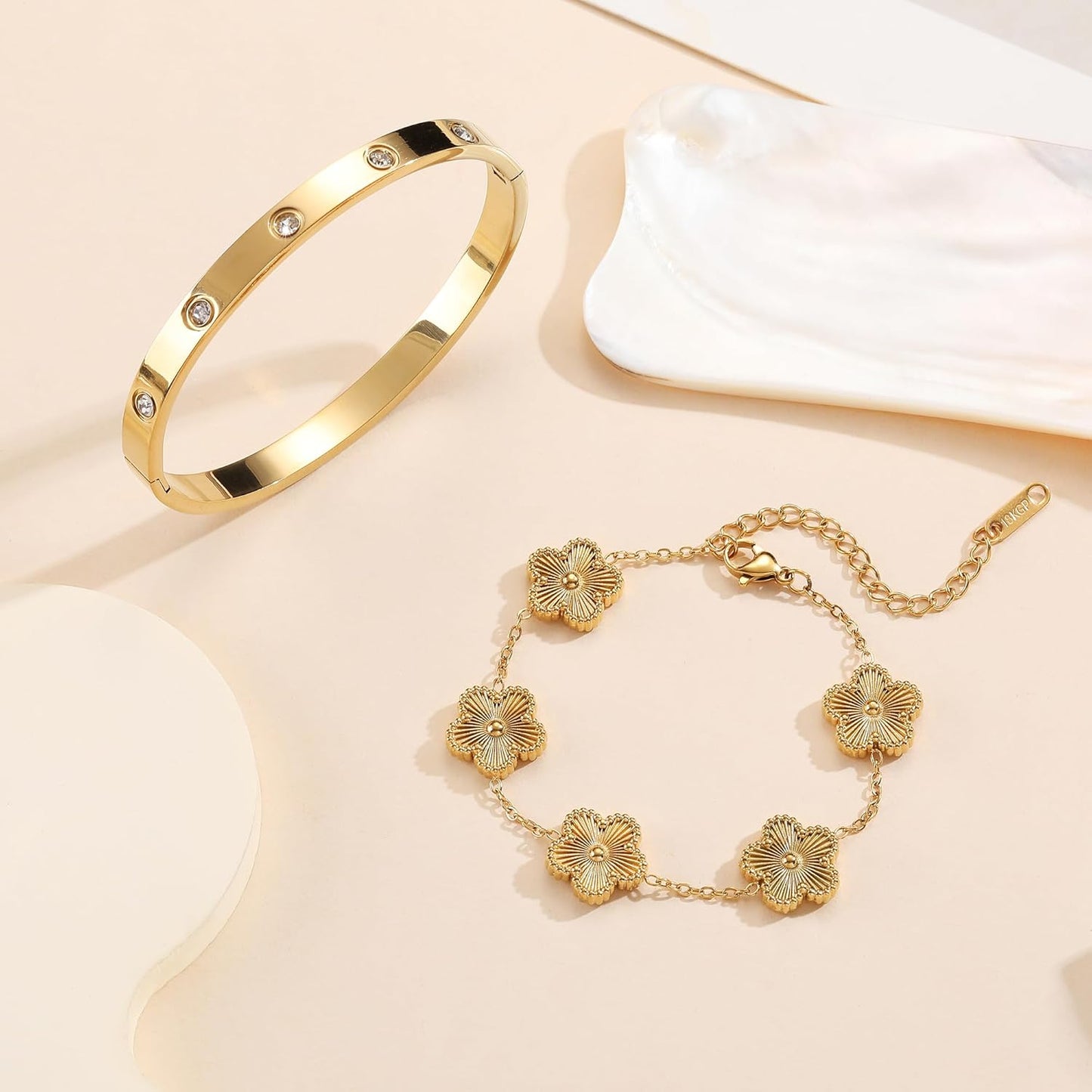 18K Gold Plated Clover Bracelet Love Bangle Set for Women - Stack Friendship Bracelet Lucky Link Bracelets Jewelry Gifts Trendy for Women