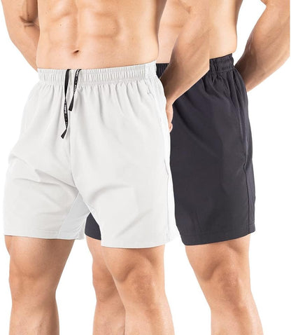 Two-pack men's running shorts in different neutral colors for variety