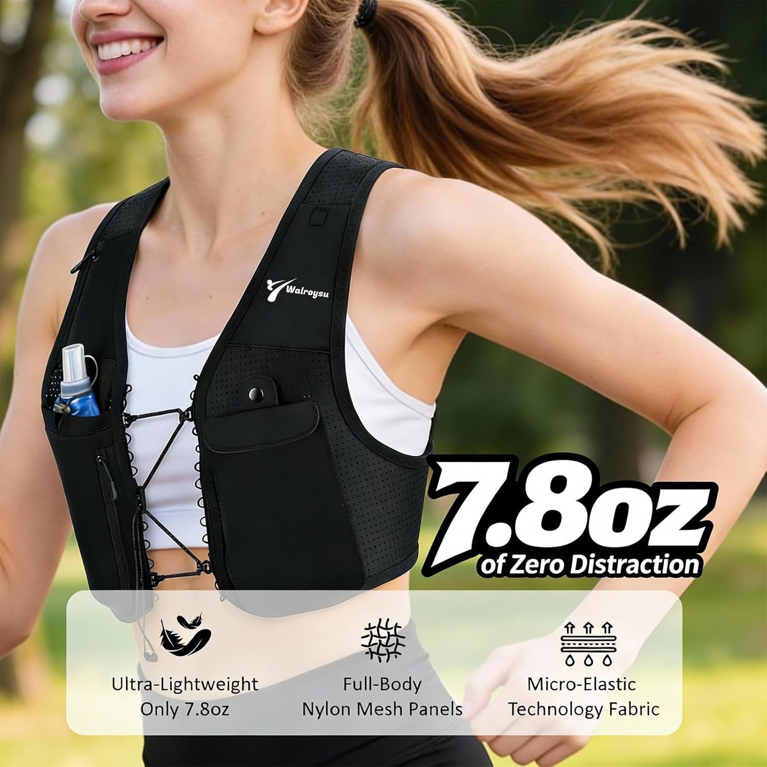 Female runner wearing adjustable hydration vest with crisscross straps during marathon