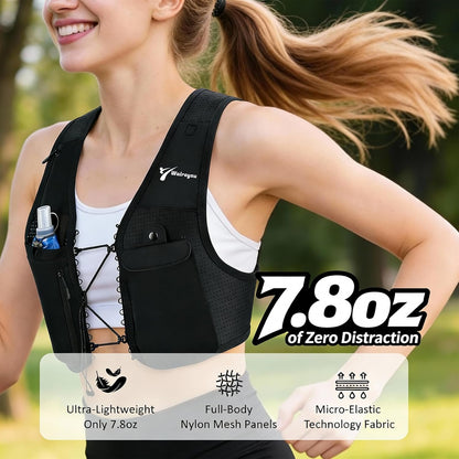 Female runner wearing adjustable hydration vest with crisscross straps during marathon