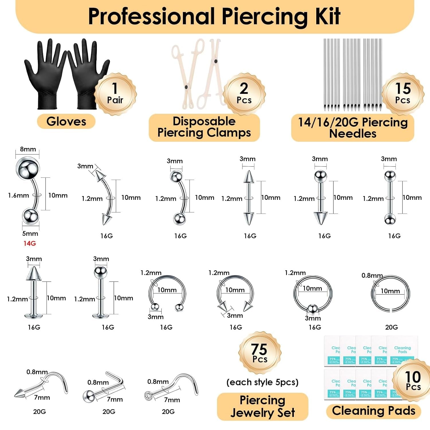 104PCS Body Septum Piercing Kit with 14G/16G/20G Piercing Needles Piercing Jewelry and Tool Set for Ear Nose Belly Button Nipple Lip Cartilage Eyebrow Tongue Navel Piercing Kit for All Piercings