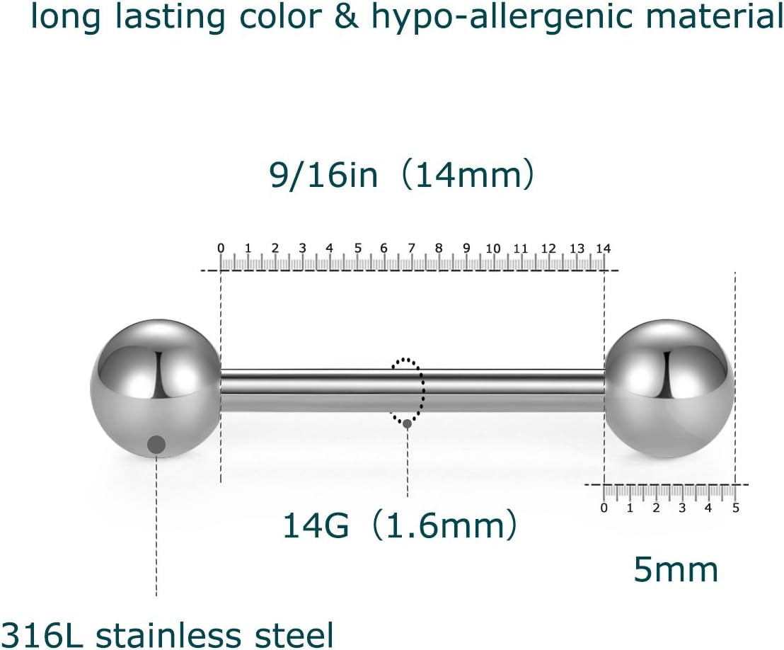 VCMART 14G Tongue Rings Nipple Straight Barbells Surgical Steel Body Piercing Jewelry 14Mm