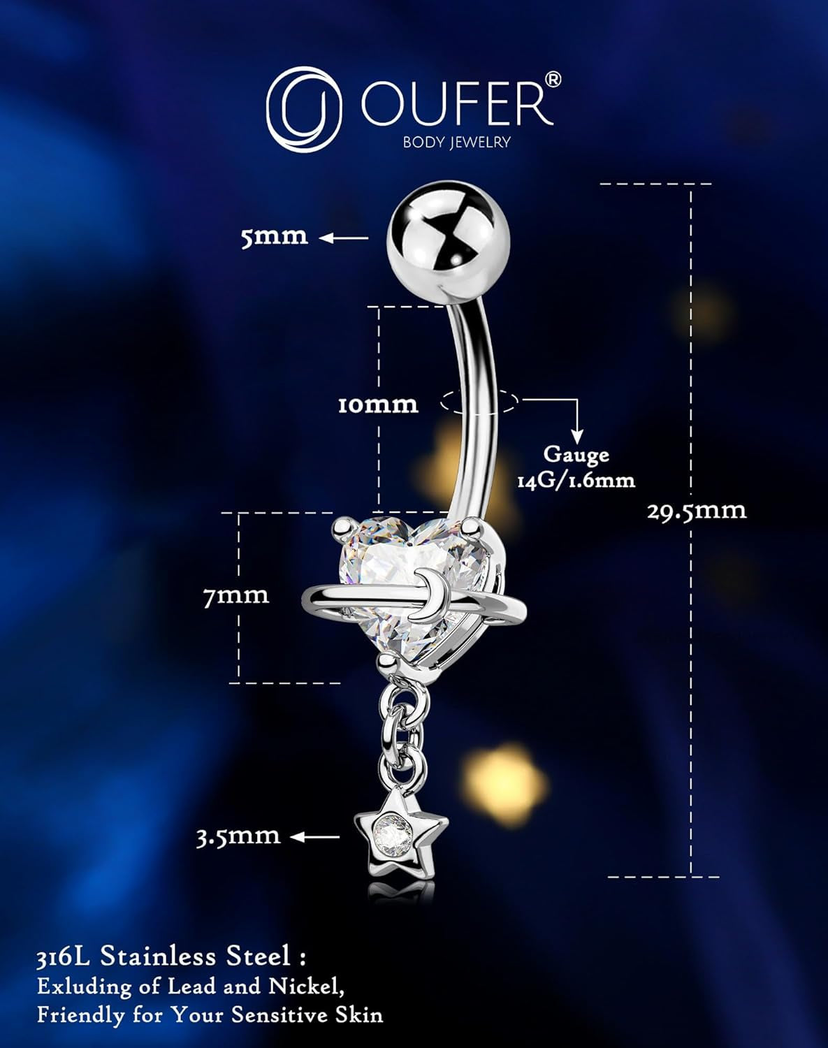 OUFER Dangle Belly Button Rings, 316L Surgical Steel Belly Rings for Women, 14G Heart Navel Piercing Jewelry, Star Dangling Clear CZ Curved Barbells Silver/Gold 10MM