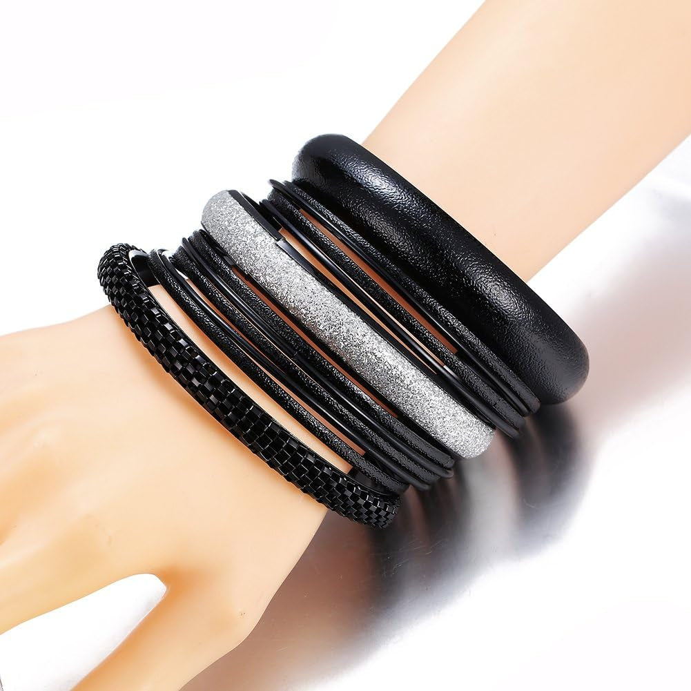 Ensoul Black W/Silver Glitter Multiple Metal Bracelets & Bangles Set for Women 12Pcs/Set