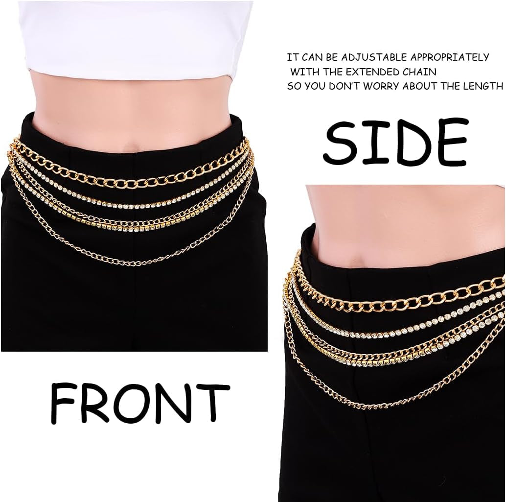 Rhinestone Sparkly Waist Chain Gold Layered Waist Chains Crystal Belly Chain Tassels Body Jewelry for Women