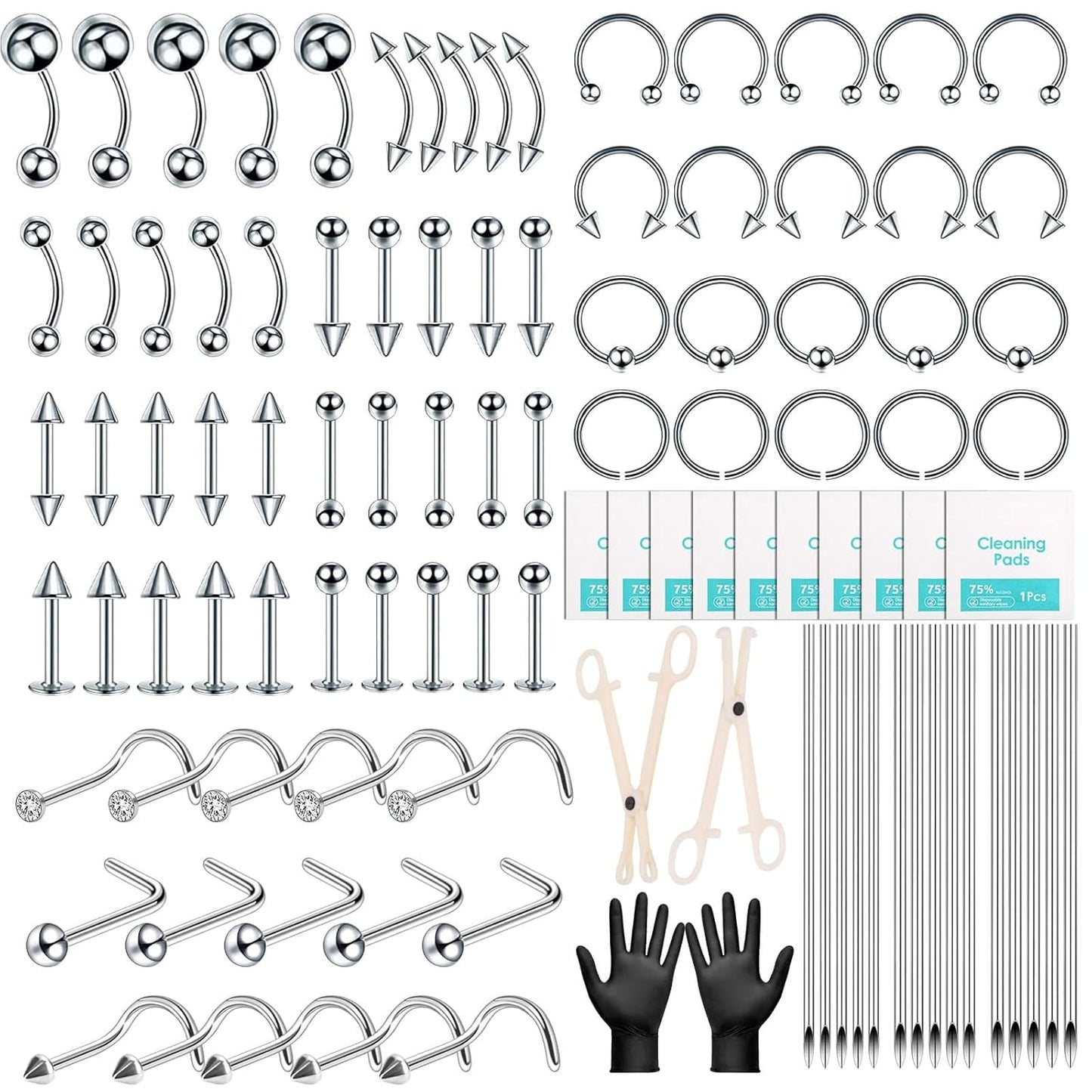 104PCS Body Septum Piercing Kit with 14G/16G/20G Piercing Needles Piercing Jewelry and Tool Set for Ear Nose Belly Button Nipple Lip Cartilage Eyebrow Tongue Navel Piercing Kit for All Piercings