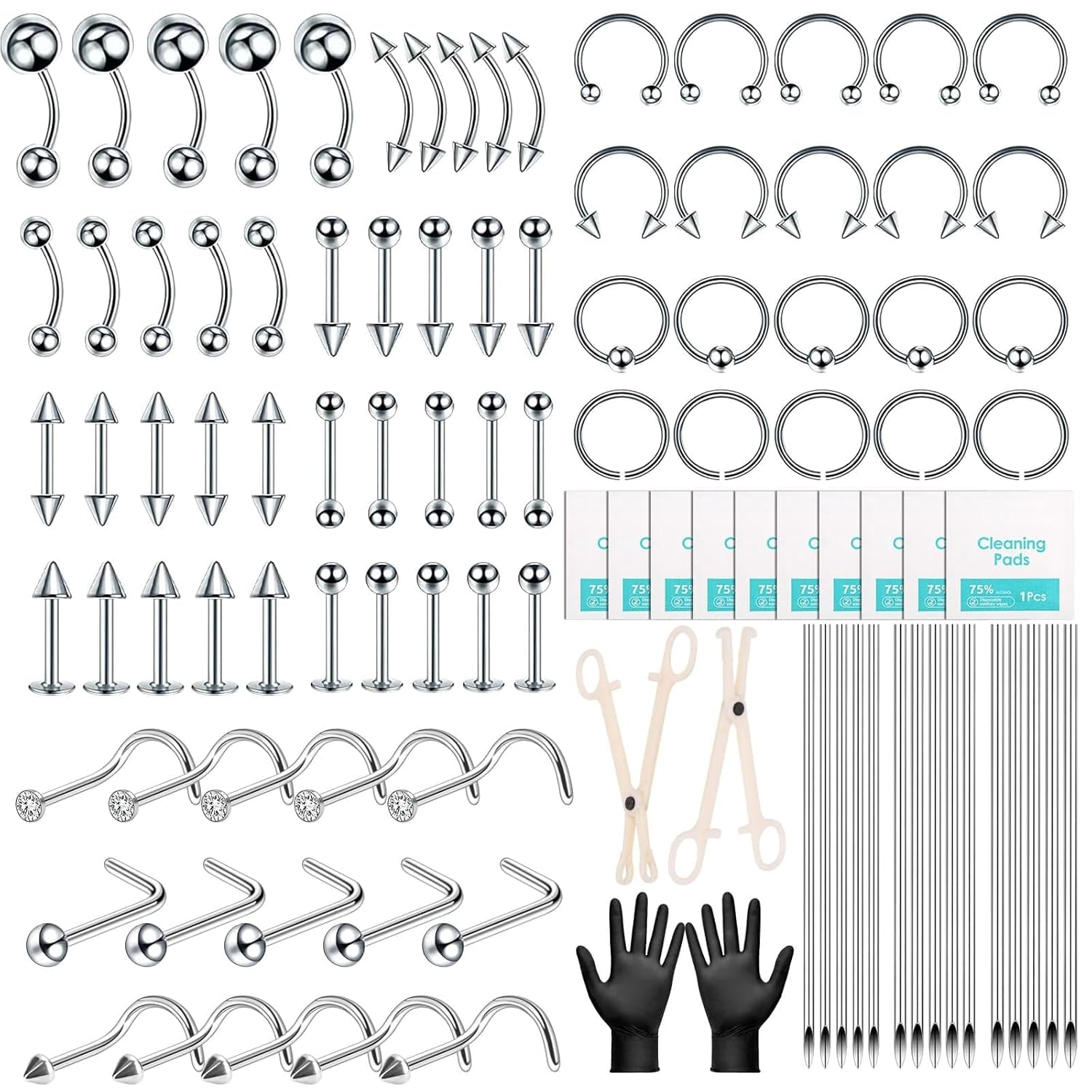 104PCS Body Septum Piercing Kit with 14G/16G/20G Piercing Needles Piercing Jewelry and Tool Set for Ear Nose Belly Button Nipple Lip Cartilage Eyebrow Tongue Navel Piercing Kit for All Piercings