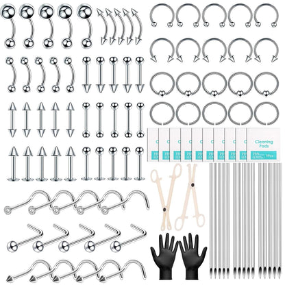 104PCS Body Septum Piercing Kit with 14G/16G/20G Piercing Needles Piercing Jewelry and Tool Set for Ear Nose Belly Button Nipple Lip Cartilage Eyebrow Tongue Navel Piercing Kit for All Piercings