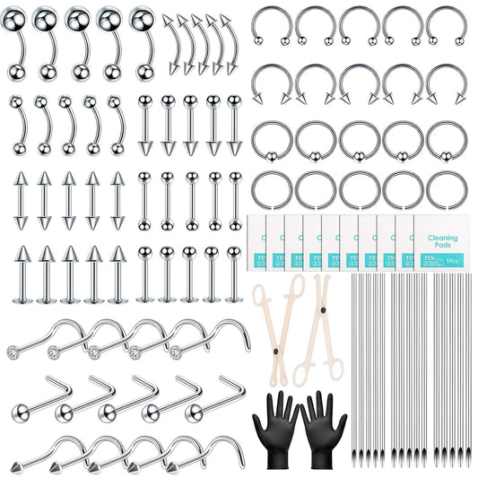 104PCS Body Septum Piercing Kit with 14G/16G/20G Piercing Needles Piercing Jewelry and Tool Set for Ear Nose Belly Button Nipple Lip Cartilage Eyebrow Tongue Navel Piercing Kit for All Piercings