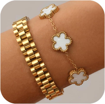 Stackable Four Leaf Clover Bracelets for Women, 18K Gold Plated Bangle Bracelets Set, 2 Pcs Charm Jewelry Gifts