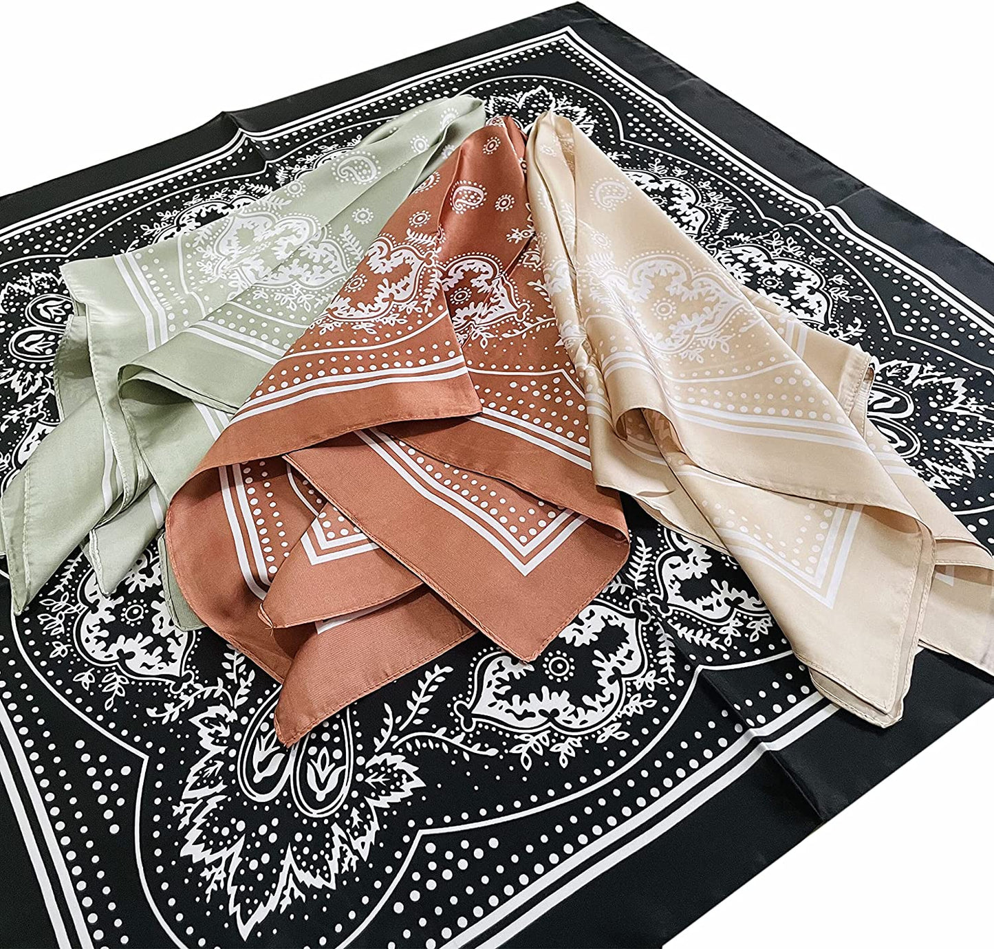4Pcs Silk Feeling Scarf Square Satin Head Scarf for Women Neck Hair Scarves Wraps Headscarf Hair Bandanas Night Sleeping Wrapping, 26.5×26.5 Inches