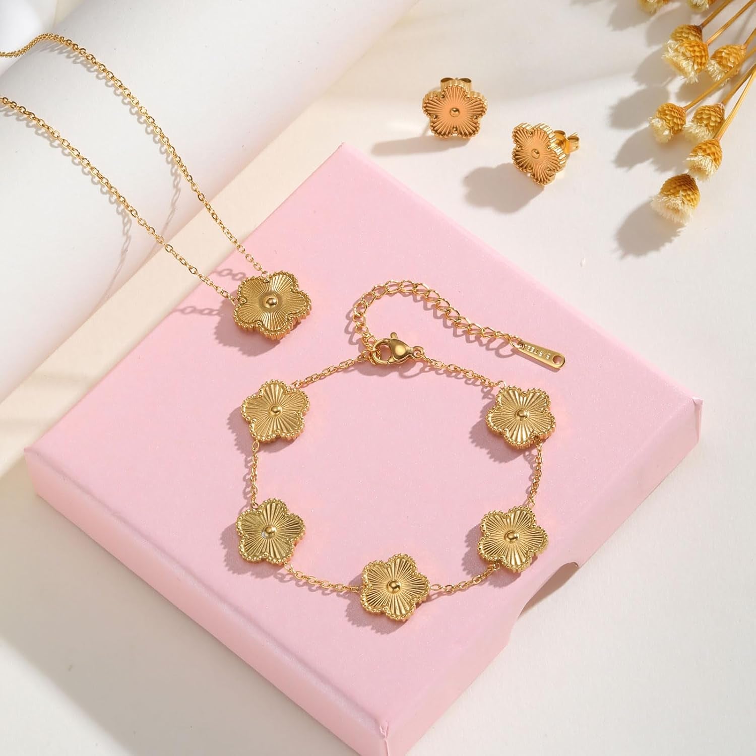 Gold Necklaces Bracelets Earring Set - 18K Gold Plated Flower Bracelet ,Stainless Steel Non Tarnish Floral Pendant Stud Jewelry Sets,Christmas Birthday Lucky Gift for Her Mom Wife Daughter Girlfriend