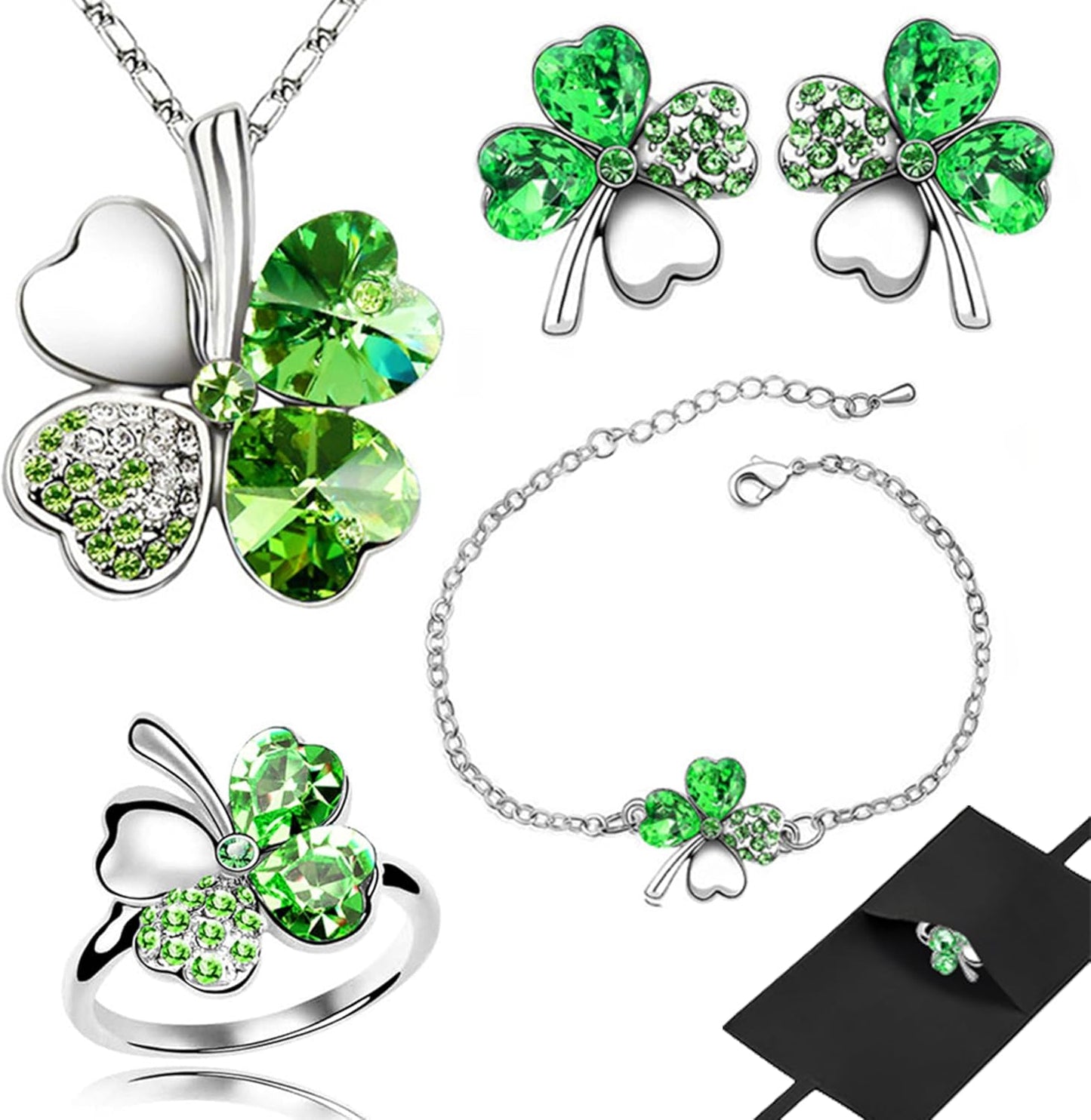 Gyovinnjuwanua Four Leaf Clover Alloy Jewelry - 4Pcs Irish Saint St.Patrick'S Day Lucky Necklace Bracelet Earrings Ring Jewelry Gifts, Clover Silver Alloy Ornament & Plush Gift Pouch for Women