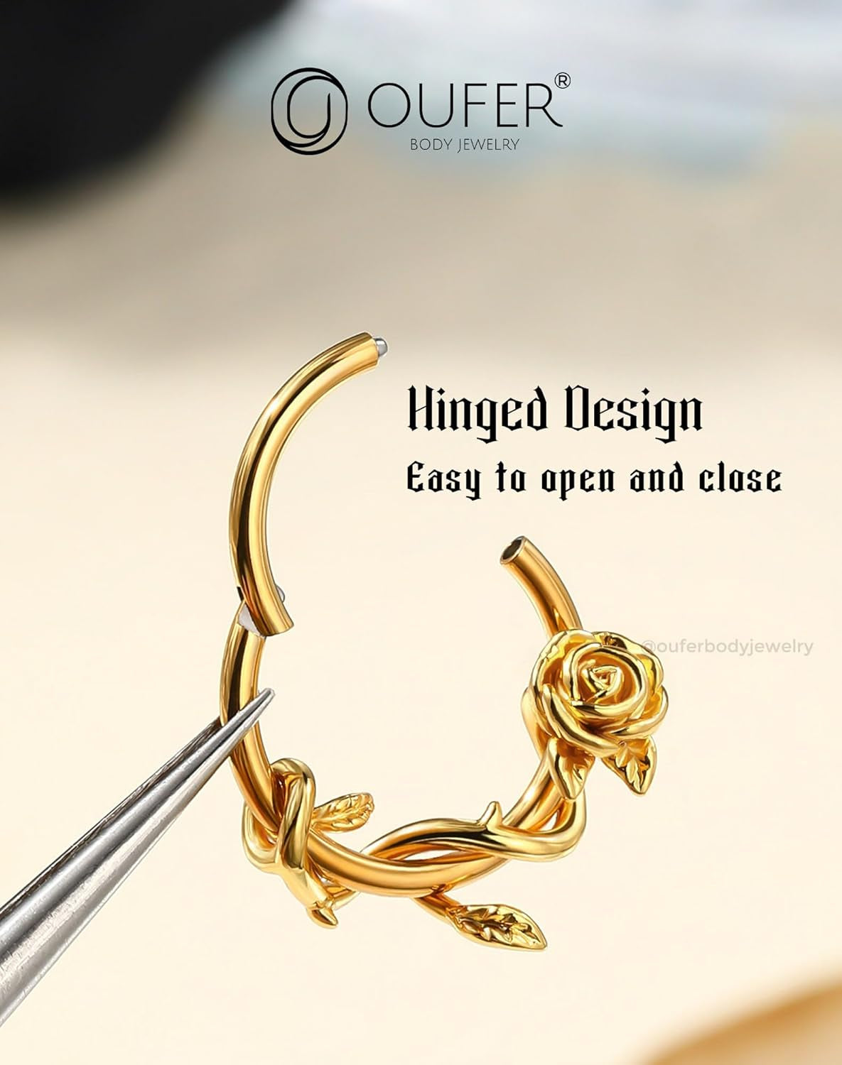 OUFER Flower 16G Gold Septum Rings, 316L Surgical Steel Septum Jewelry, Hinged Clicker Daith Piercing Jewelry, Daith Cartilage Helix Tragus Earring Hoop for Women