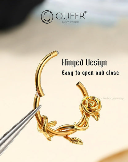 OUFER Flower 16G Gold Septum Rings, 316L Surgical Steel Septum Jewelry, Hinged Clicker Daith Piercing Jewelry, Daith Cartilage Helix Tragus Earring Hoop for Women