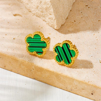 Lucky Clover Neckalce Earring Bracelet Set for Women Gold Plated Stainless Steel Chain Necklace with Flower Design Five Leaf Clover Earring Trendy Jewelry Set Gift