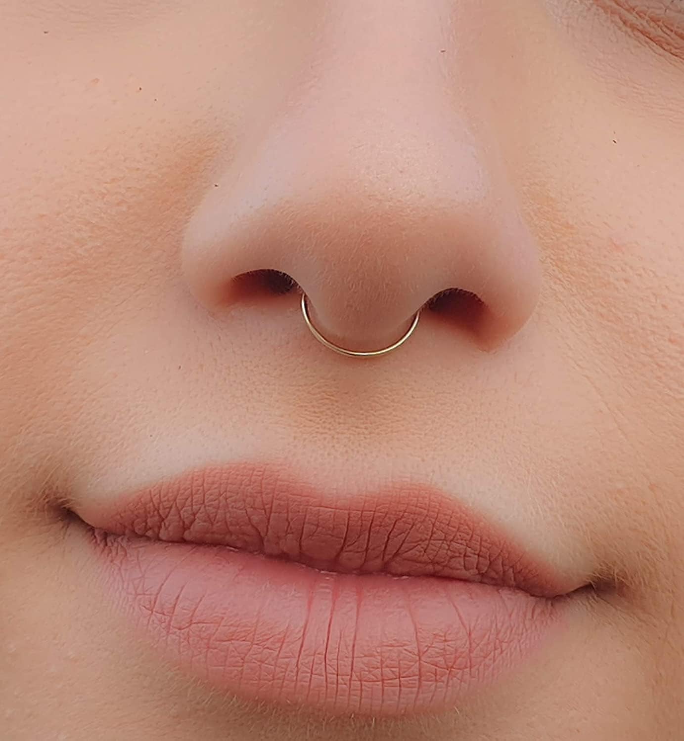 ALOME PIERCINGS Gold Fake Septum Ring - Thin Tiny 24 Gauge 8Mm Faux Septum Piercing Hoop - 14K Gold Filled Clip on Fake Septum Rings for Women - No Piercing Needed - Gift Ready