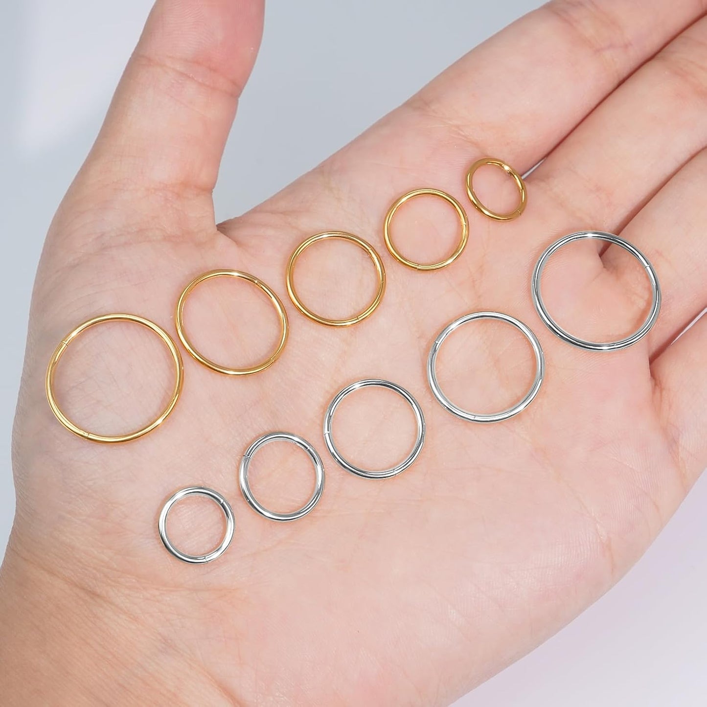 Hypoallergenic 10PCS 16G Large Nose Rings Hoops Set for Women Men, Gold/Silver 316L Surgical Stainless Steel Nose Hoops Hinged Clicker Earrings for Nose Cartilage Body Piercing Jewelry 8/10/12/14/16Mm