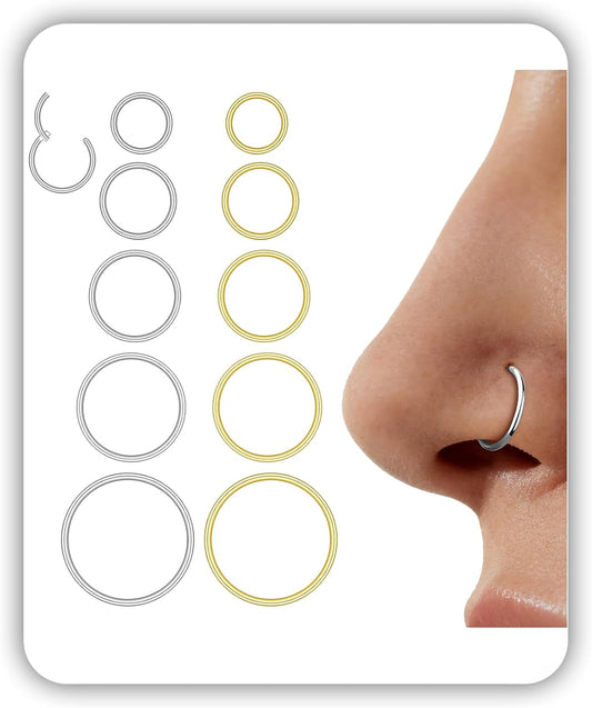 Hypoallergenic 10PCS 16G Large Nose Rings Hoops Set for Women Men, Gold/Silver 316L Surgical Stainless Steel Nose Hoops Hinged Clicker Earrings for Nose Cartilage Body Piercing Jewelry 8/10/12/14/16Mm