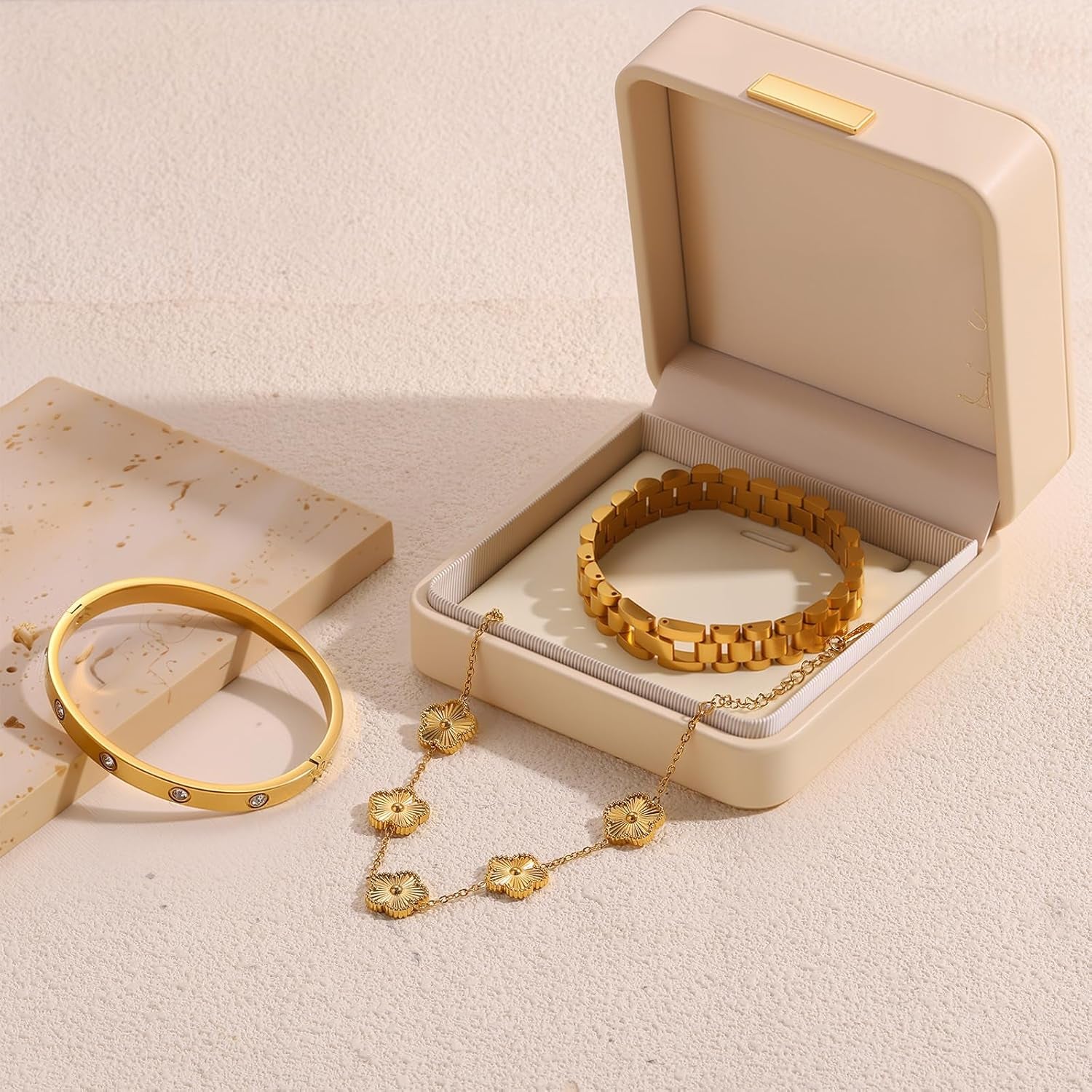 18K Gold Clover Bracelet for Women - Stackable Crystal Love Bangle & Friendship Link Bracelets, Non-Tarnish Stainless Steel Trendy Jewelry Gift with Adjustable Tool