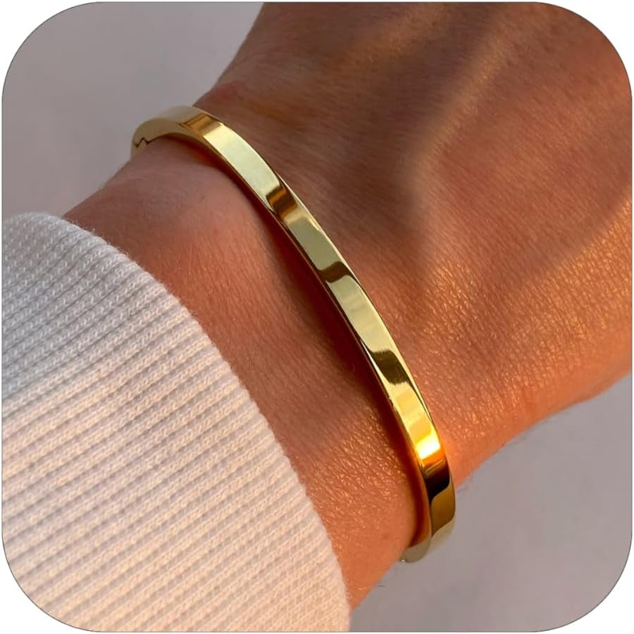 Gold Bangle Bracelets for Women, Trendy Dainty 14K Gold Plated Oval Bangles Stocking Stuffers for Women, Stackable Friendship Bracelets Love Bangle Christmas Birthday Gifts
