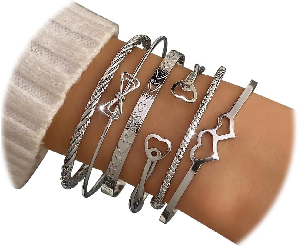 17IF Silver Bangle Bracelet for Women, 14K Multilayer Charm Textured Stackable Bracelets Lightning Bangles Indian Chunky Cuff Fashion Jewelry Gift