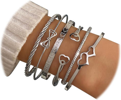 17IF Silver Bangle Bracelet for Women, 14K Multilayer Charm Textured Stackable Bracelets Lightning Bangles Indian Chunky Cuff Fashion Jewelry Gift