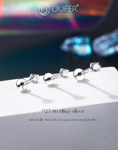 OUFER 925 Sterling Silver Flat Back Earrings, Clear CZ 16G Helix Piercing Jewelry, Silver Internally Threaded Cartilage Earrings Stud, Silver Lip Labret Rings for Women