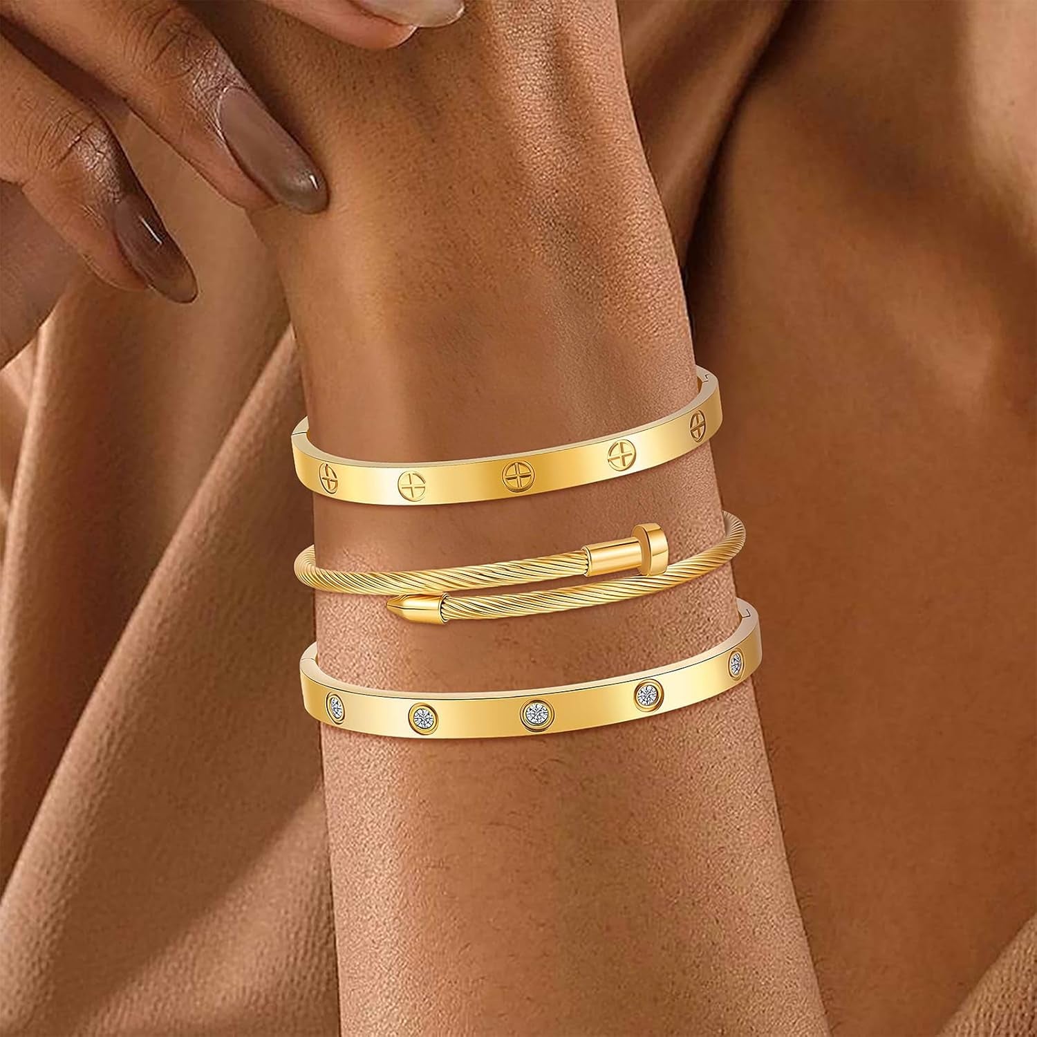Gold Bracelets for Women - Stackable Bangles with Love & Friendship Theme - Stainless Steel Jewelry Gift for Her