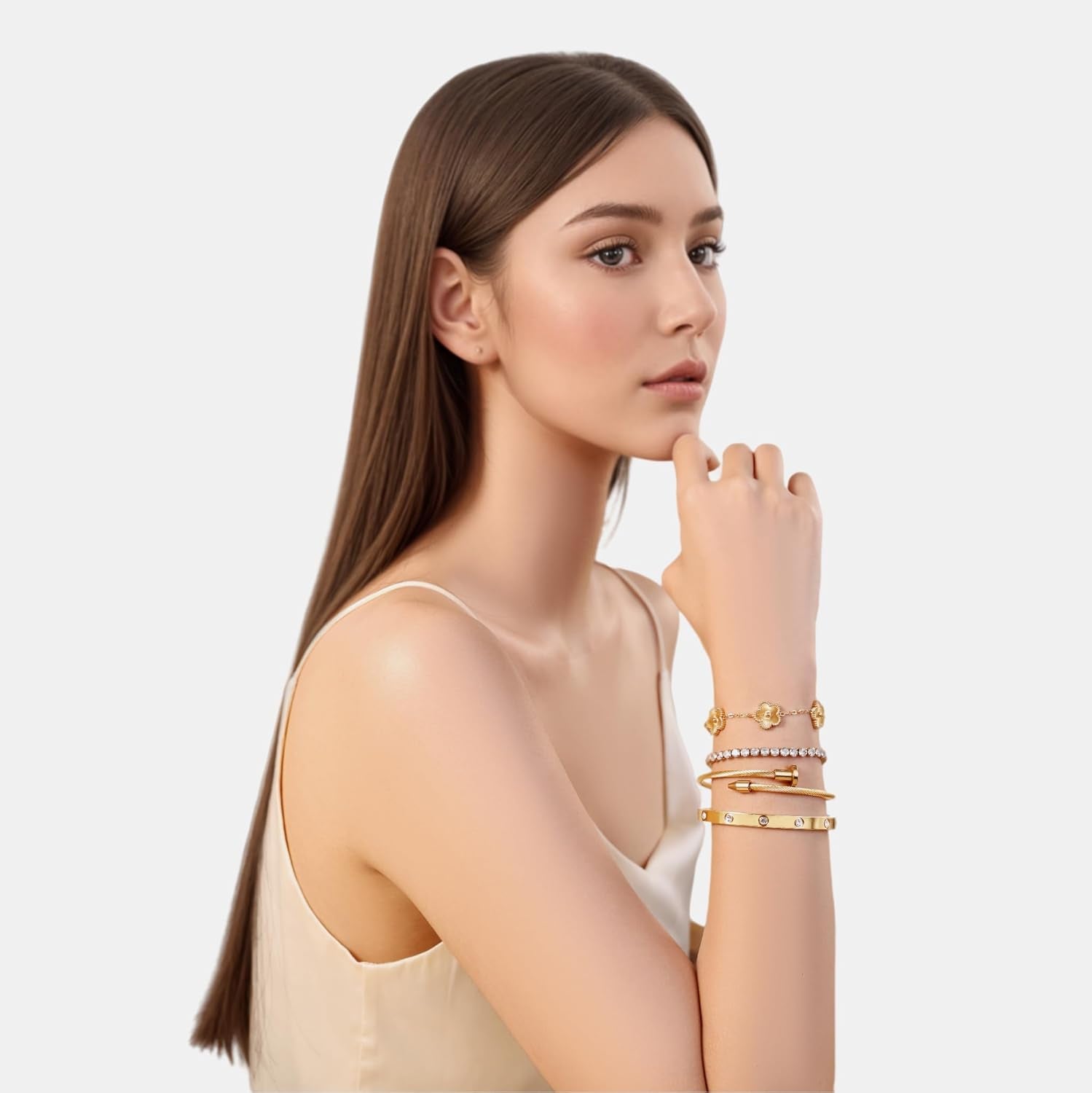 Real 18K Gold Plated Bracelets for Women (Sturdier Version) Stackable Bangle Bracelets for Women (Better Tarnish & Water Resistance) 4PCS Gold Bracelet Stack Set (Fits Wrists Upto 6.7 Inch)