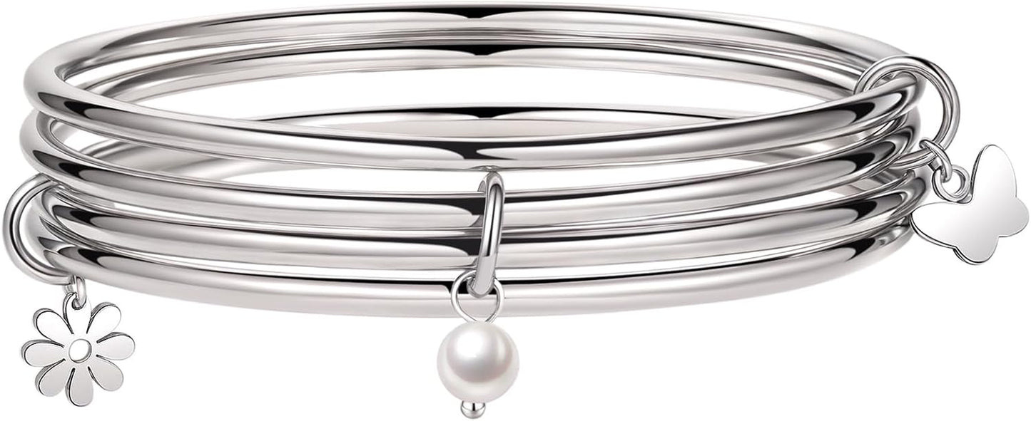 DS Bangle Bracelets for Women 18K Gold Plated Stainless Steel Layering Glossy Stackable Thin round Wire Cuff Bangle Bracelets Dainty Solid Polished Bracelet Minimalist Jewelry Best Gifts for Love