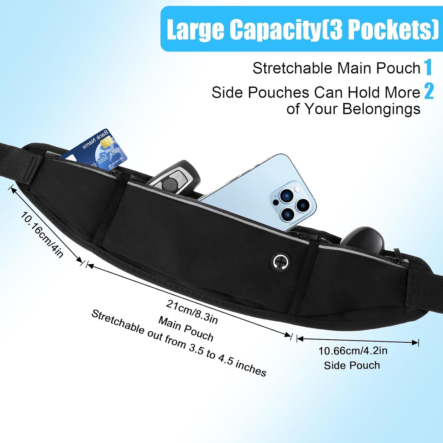 Close-up of reflective waist pack with multiple zippered pockets and phone holder slot