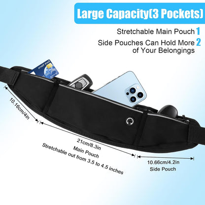 Close-up of reflective waist pack with multiple zippered pockets and phone holder slot