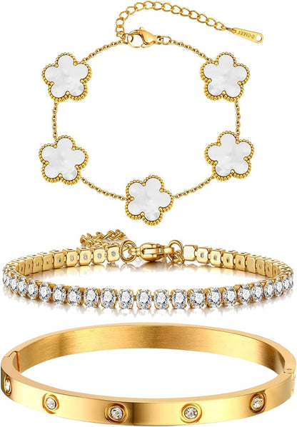 YOUNGGRACE Womens Stackable Floral Gold Bracelets 3Pcs