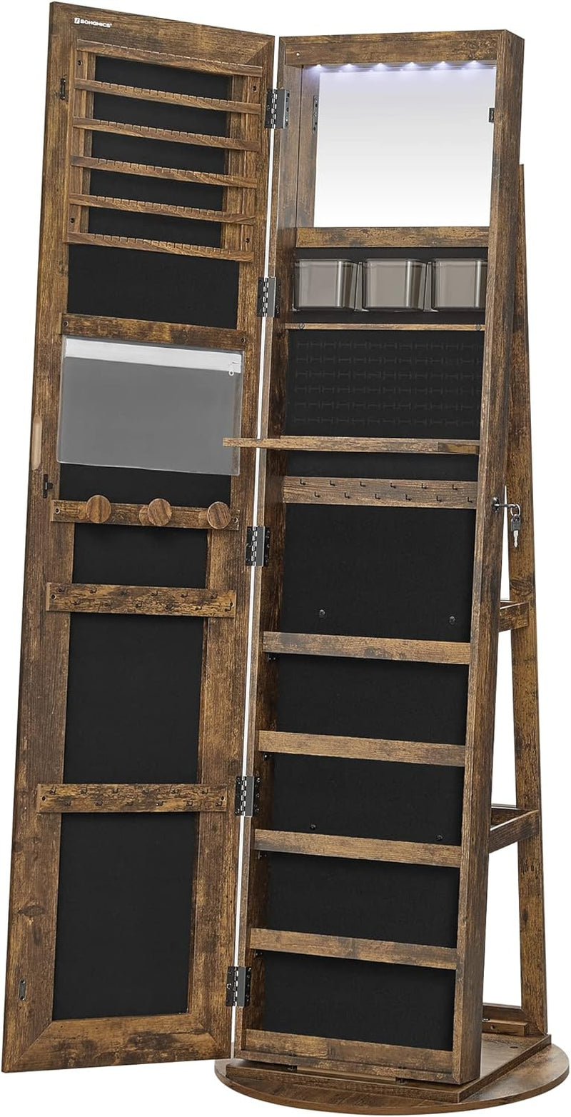 SONGMICS LED Jewelry Cabinet Standing, Lockable Armoire with Full-Length Mirror and Adjustable Lights, Space-Saving Organizer, Christmas Gifts for Women, Gift Idea, Rustic Brown UJJC008X01