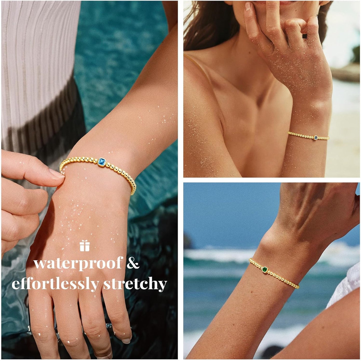 Turandoss Birthstone Bracelets for Women - Dainty Elastic 14K Gold Plated Beaded Square Birthstone Bracelets Trendy Waterproof Friendship Birthday Jewelry Gifts for Women Girls