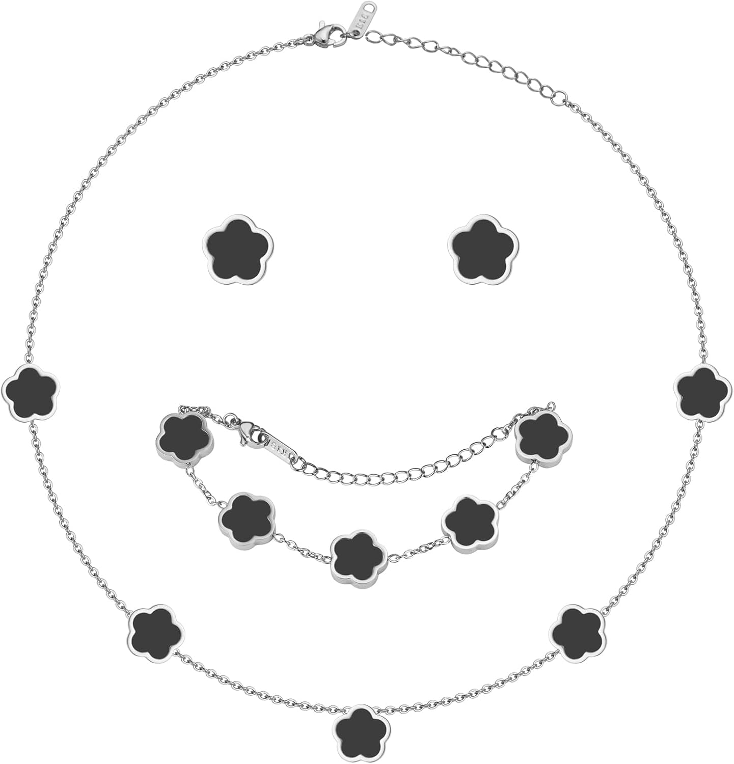 Double-Sided Clover Jewelry Set - 18K Gold Plated Flower Design Five Leaf Clover Bracelet Pendant Necklace and Stud Earrings for Women.Lucky Gifts for Mom Wife Daughter Friends