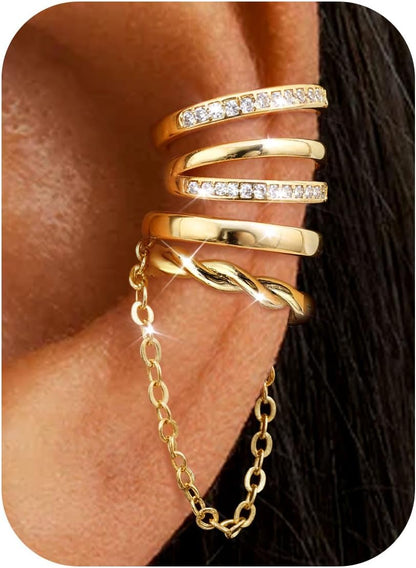 Florideco 4Pcs Ear Cuffs Non-Piercing for Women Dainty 14K Gold Plated Clip on Cartilage Earrings Hypoallergenic Huggie Hoop Cuffs Fake Earings for Non Pierced Ears