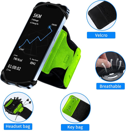 iPhone 15 Pro secured in green running phone holder armband