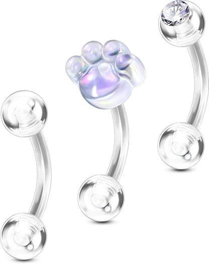 OUFER 3PCS Rook Piercing Jewelry, Plastic Piercings for Surgery, Clear Eyebrow Piercing Jewelry, 16G Eyebrow Rings, Clear Plastic Tragus Daith Rook Earrings for Work