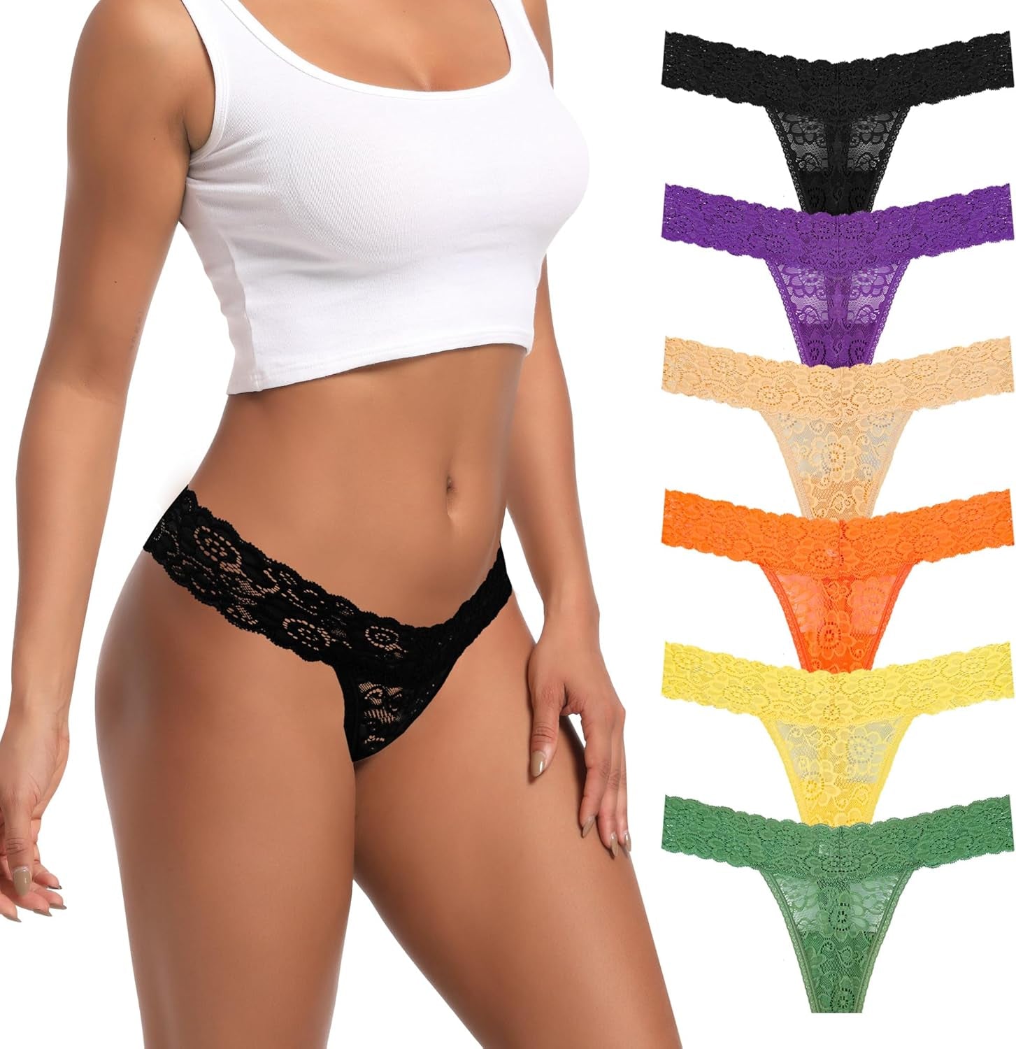 Pack 6 Seamless Lace Thongs for Women plus Size Breathable Panties Low Rise T-Back Stretch Cotton No Show Underwear