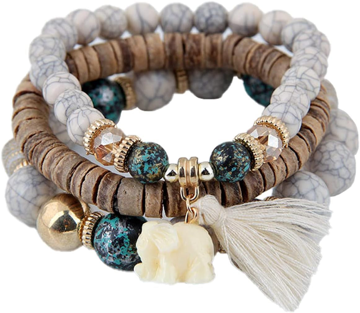 Caiyao Bohemian Stackable Wood Wooden Beads Elephant Charm Tassel Stretchy Bracelet Set for Women Men Multilayered Multicolor Acrylic Resin Seeds Bracelet Ethnic Jewelry Gift