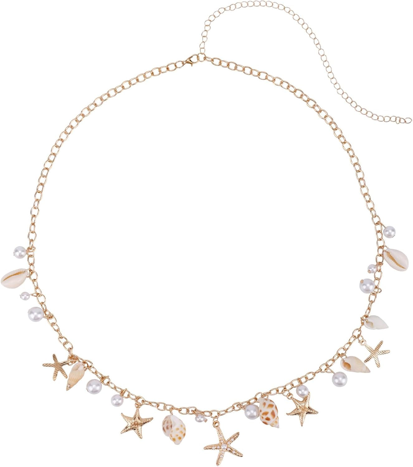 Seashell Starfish Waist Chain for Women, Adjustable Starfish Pearl Body Chain Fashionable Summer Beach Belly Jewelry Gold Shell Belt for Swimwear & Outfits