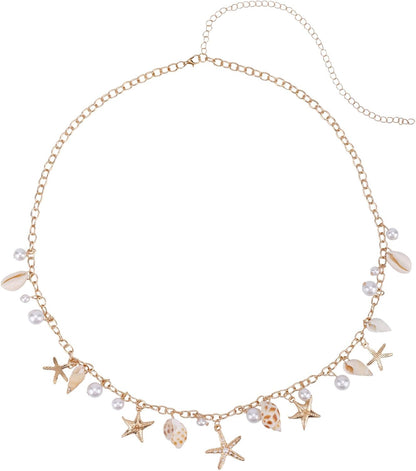 Seashell Starfish Waist Chain for Women, Adjustable Starfish Pearl Body Chain Fashionable Summer Beach Belly Jewelry Gold Shell Belt for Swimwear & Outfits