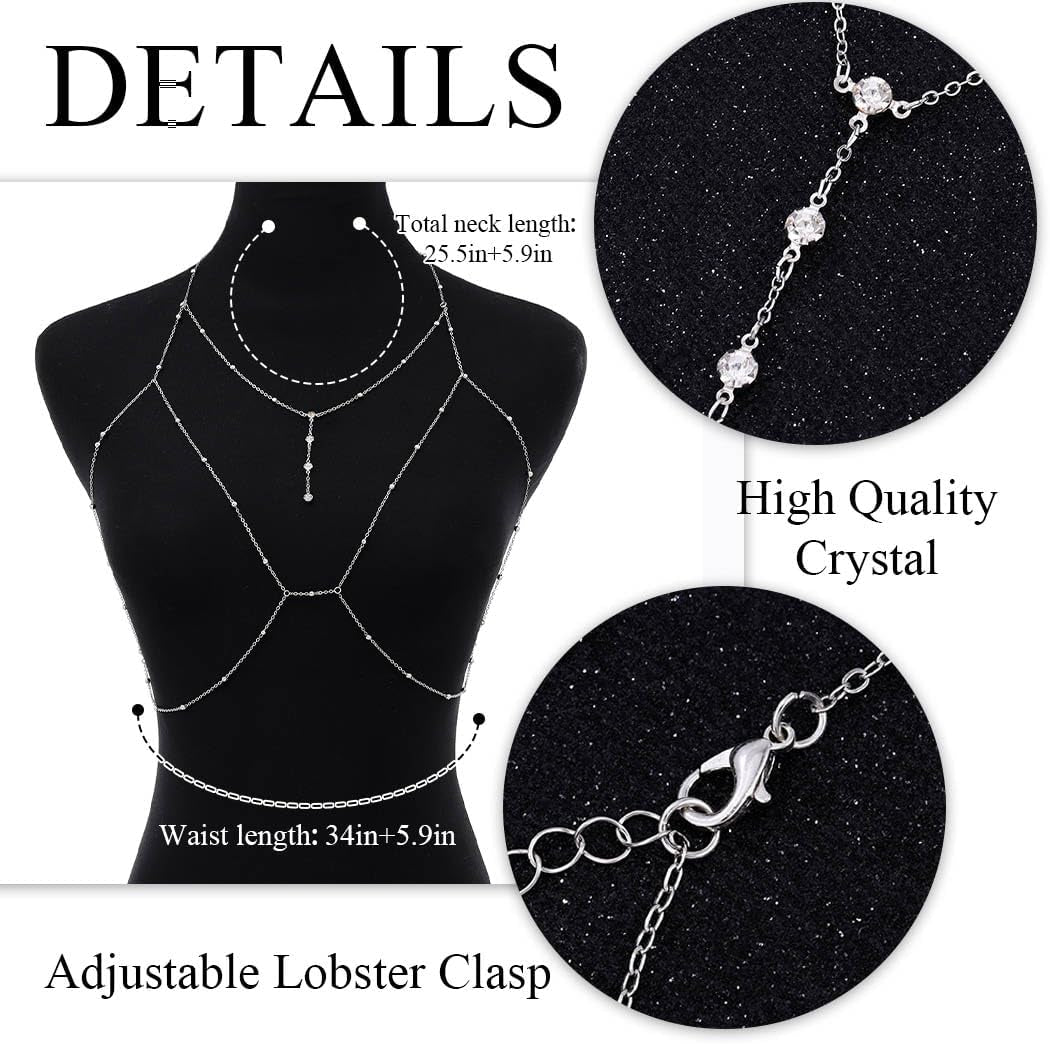 Urieo Sparkly Beads Bra Chain Silver Crystal Chest Chains Rhinestone Layered Sexy Nightclub Beach Rave Body Chain for Women